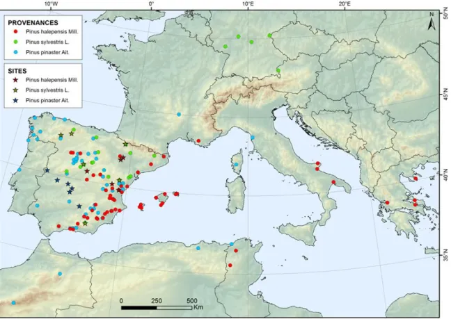 Figure 1. Populations and common garden experimental sites of Pinus sylvestris, Pinus pinaster and Pinus halepensis  used in the study