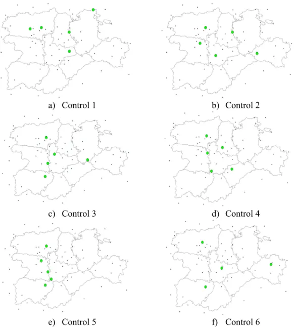Figure 4: Distribution of the stations chosen for each control system following different criteria : a)  Control 1: Stations located in the North of the Region under study including a station at the border; b)  Control 2: Stations at some distance from eac