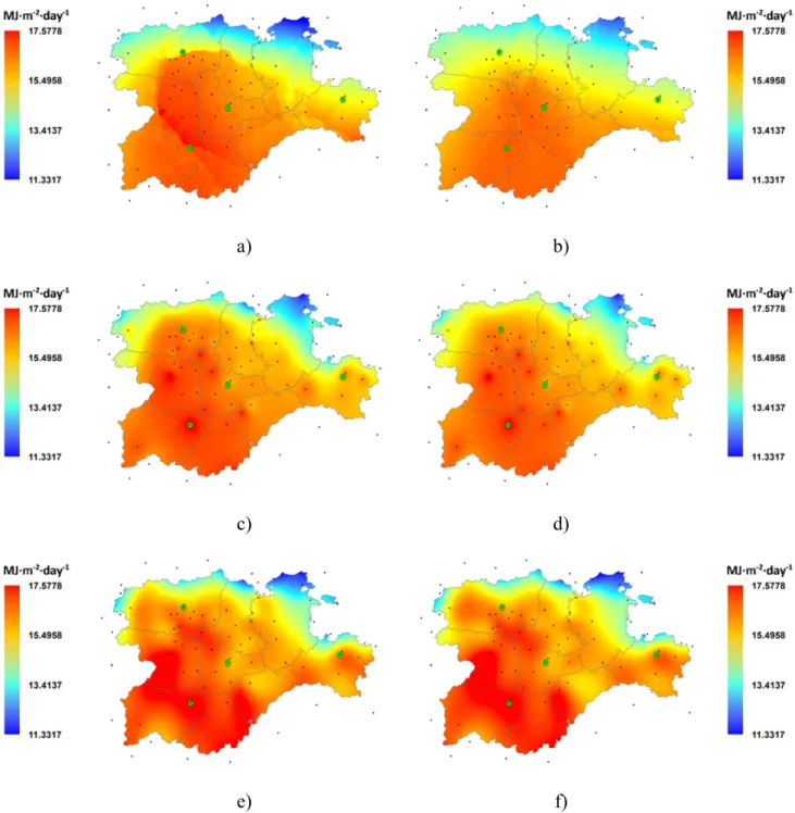 Figure 5: Maps of daily average of GHI (MJ m -2  day -1 ) obtained through different interpolation methods  and variations of them; a) UK-linear-12; b) UK linear-35; c) IDW-12; d) IDW-35; e) Regularized Spline, 