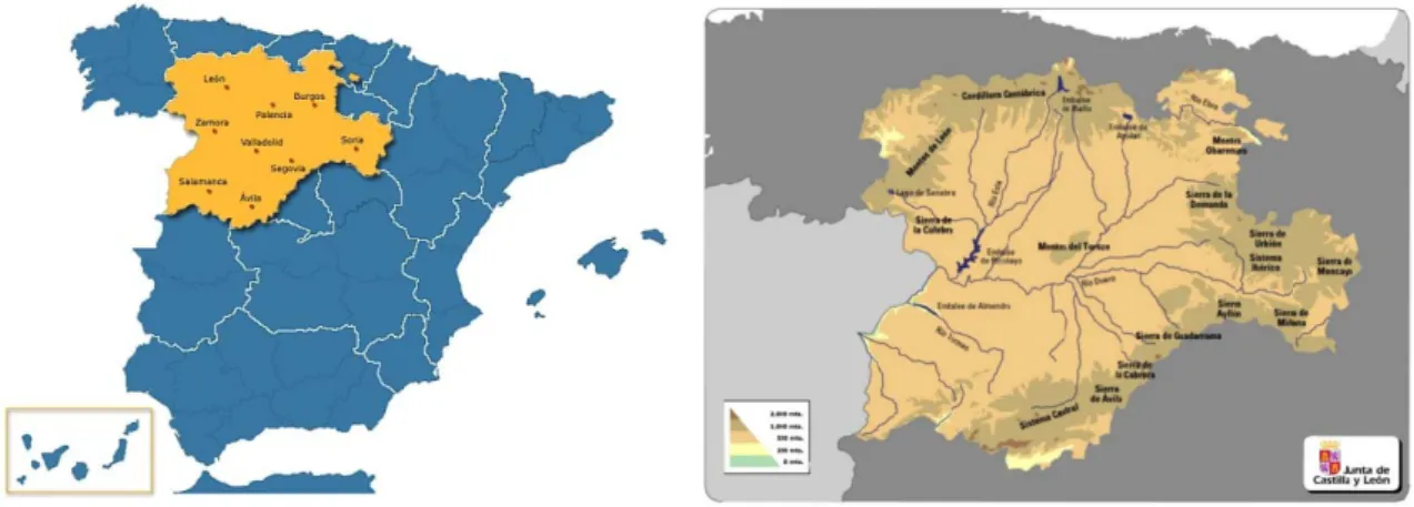 Figure 1. a) Location of Castilla-León, Spain; b) River Duero flowing across the region  from East to West  (Source: http://navalmanzano.com/ ; http://mapasinteractivos.didactalia.net/ 