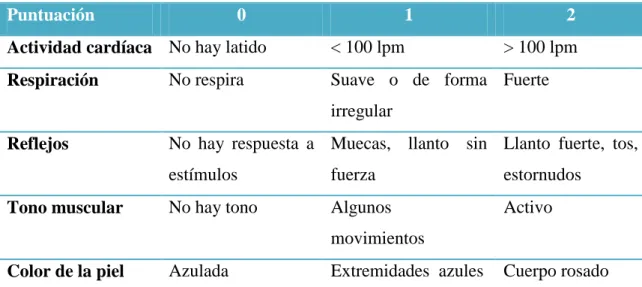 Tabla 2: Test de Apgar 