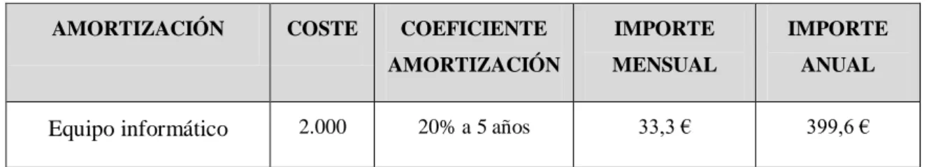 Tabla 4. Elementos de amortización del Plan de Negocio. Elaboración propia. 