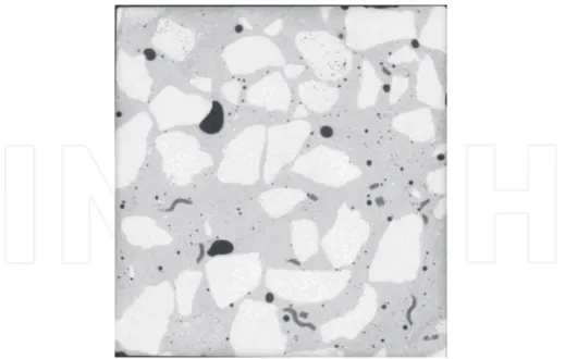 Figure 11. Polypropylene  fiber-reinforced  concrete  specimen.  Aggregates  (in  white),  cement  matrix  (in  soft  grey),  polypropylene fibers (in dark grey), and porous (in black) can be identified