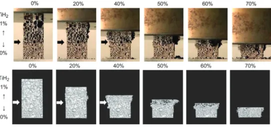 Figure 9. The example of an analysis of mechanical behavior of metal under compression and CT scan analysis [44]
