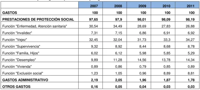 Tabla 5: Porcentaje de gastos por función y según condición de recursos. 2007-2011