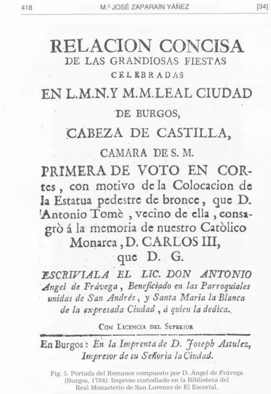 Fig. 5. Portada del Romance compuesto por D. Ángel de Frävega (Burgos, 1784). Impreso custodiado en la Biblioteca del