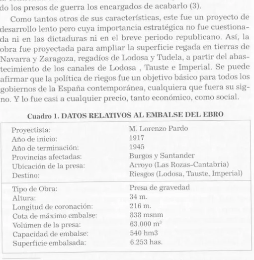 Cuadro  1.  DATOS RELATIVOS AL EMBALSE DEL EBRO