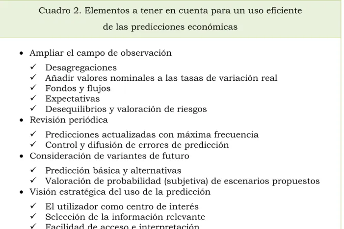 Cuadro 2. Elementos a tener en cuenta para un uso eficiente   de las predicciones económicas 