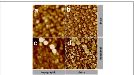 Figure 4: AFM 500x500 nm image of DESAL-HL membrane: In air a) Topography  b) Phase, and in ethanol c) topography d) phase