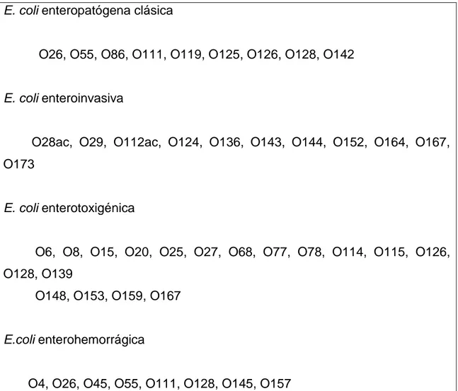 Tabla 1.- Principales serogrupos de Escherichia Coli considerados enteropatógenos 