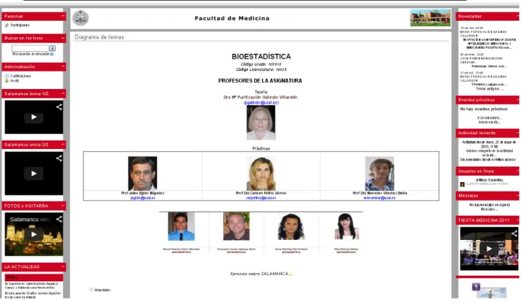 Figura 2: Captura de pantalla de la asignatura de Bioestadística de los estudios de Odontología de la Universidad de  Salamanca, asignatura a cargo de Mª Purificación Vicente Galindo 