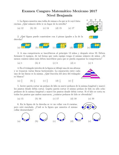 Examen Canguro Matem´atico Mexicano 2017 Nivel Benjam´ın