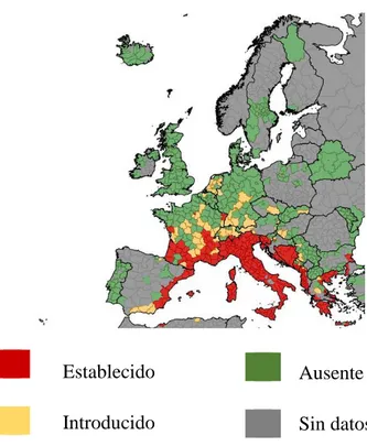 Figura 3. Distribución europea del Aedes albopictus. Fuente: ECDC 9 . 