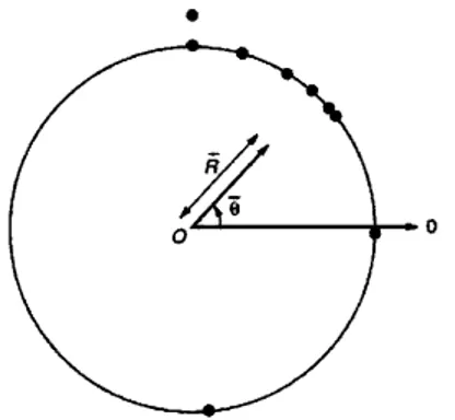 Figura 2.2: Representaci´ on de un ejemplo para la media circular y la longitud media resultante.