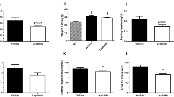 Figure 4. Prolonged leptolide administration improves insulin sensitivity in a preclinical model of  insulin resistance. C57BL6J male mice were fed an HFD for ten weeks. The last four weeks, mice were  injected  intraperitoneally  with  leptolide  or  sali
