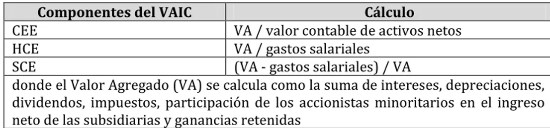 Tabla 3.3 – Cálculo de los componentes del VAIC en Swartz et al. (2006) 