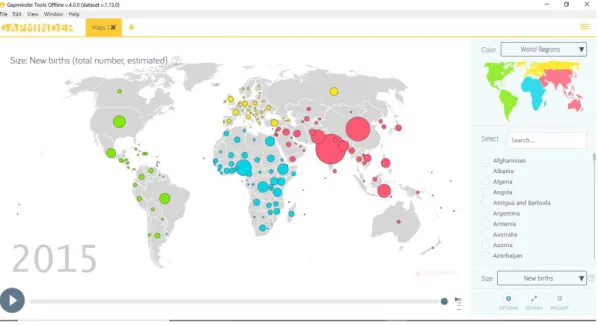 Figura 7 Nuevos nacimientos en un mapa de Gapminder. Fuente: pantallazo de la aplicación.