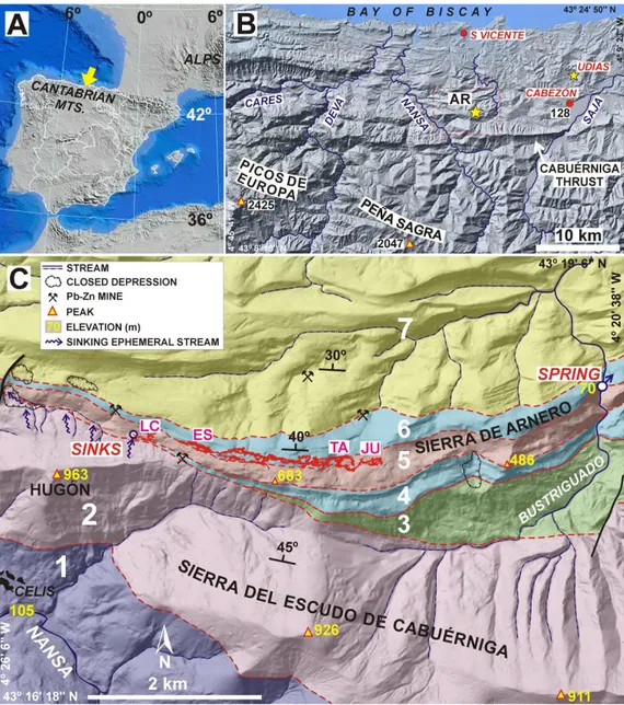 Fig. 1A: Location map of studied area (arrow). B: Map showing the location of the Sierra de Arnero (AR),  major rivers, and other sites mentioned in text