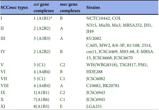 Table 5. Currently identified SCCmec types in S. aureus strains (www.sccmec.org)  SCCmec types  ccr gene 