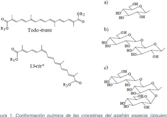 Figura  1. Conformación química de las crocetinas del azafrán especia (izquierda) y  azúcares  que esterifican los extremos de la crocetina; a) glucosa, b) gentiobiosa y c)  neapolitanosa