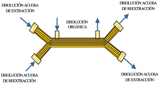 Figura 4.4.  Configuración  de  un  módulo  de  membrana  de  función  doble para extracción líquido-líquido