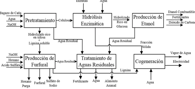 Figura 1.  Esquema del diagrama de flujo de la producción de etanol y furfural bajo el concepto de  biorefinería