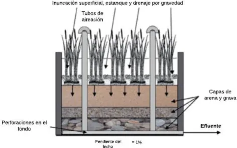 Figura 2. 5. Humedales artificiales de flujo subsuperficial vertical  Fuente: Adaptado de Stefanakis et al