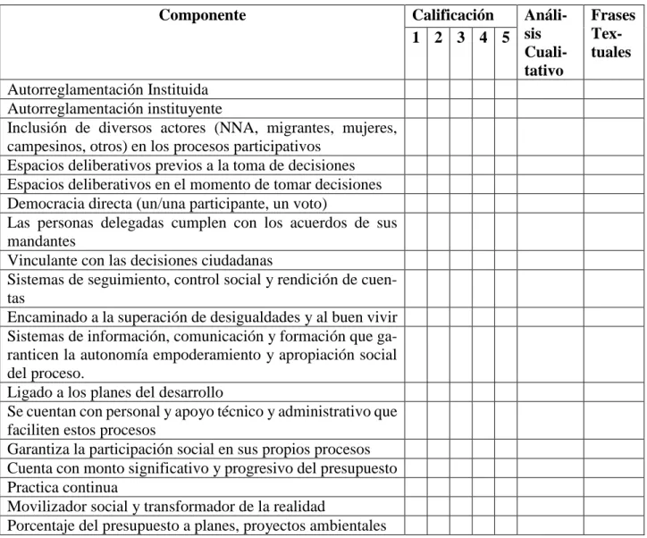 Tabla 5: Modelos de ficha de observación para los casos  