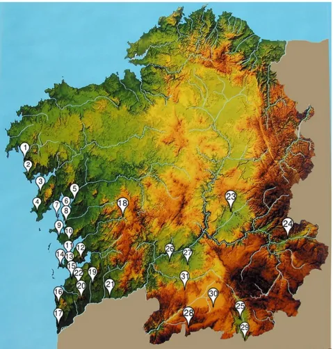 Figura 5. Mapa de la distribución de las diferentes poblaciones de Pelobates  cultripes de Galicia que aparecen citadas en la bibliografía