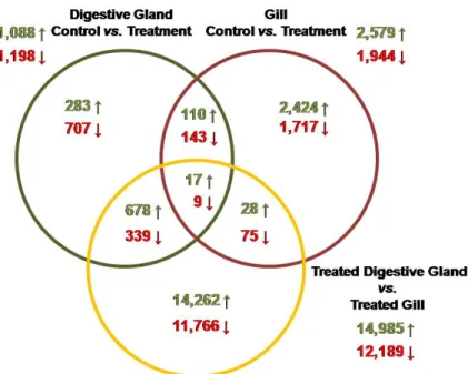 Figure 1. Venn diagram indicating the overlaping of genes significantly up-regulated (green arrows)  and down-regulated (red arrows) when DEGs from different libraries were compared