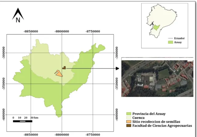 Figura 1. Área de recolección de semillas, invernaderos y laboratorio de semillas de la  Facultad de Ciencias Agropecuarias, Cantón Cuenca, Provincia del Azuay