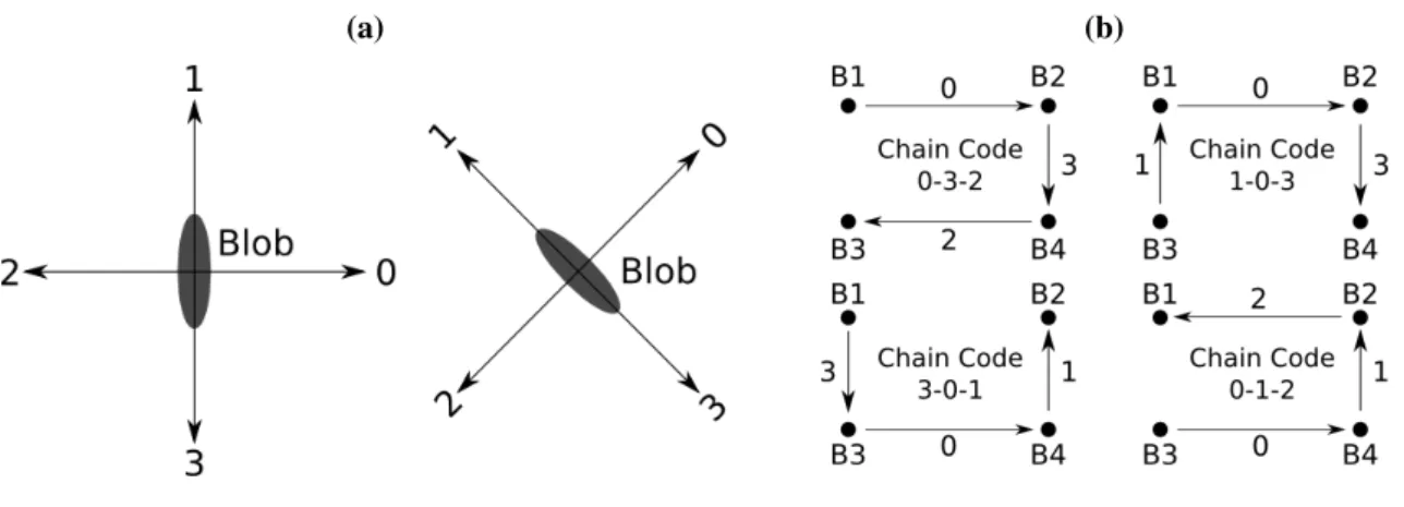 Figure 10. (a) Displacement codes of the chain code. We calculate the displacements with respect to the blob coordinates: invariance on rotations lower than ±90 ◦ 