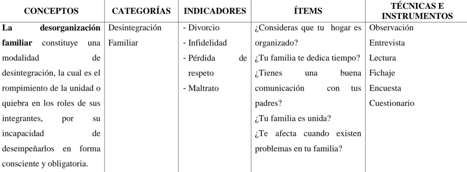 Tabla 2. Operacionalización variable independiente 