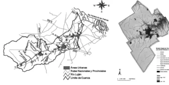 Fig. 4. Cuenca del río Luján de la Provincia de Buenos  Aires. Figuran las principales ciudades, cabeceras de  Partido; apud Chiozza y otros, 2009.