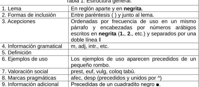 Tabla 1: Estructura general. 