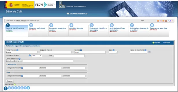 Figura 2.2: Editor de CVNs de la FECYT