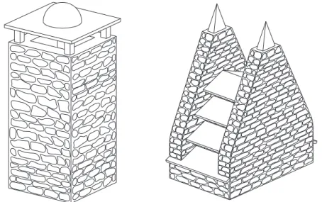 Ilustración  23.  Chimeneas:  izquierda  chimenea  simple,  derecha  chimenea  rectangular  con remate triangular 