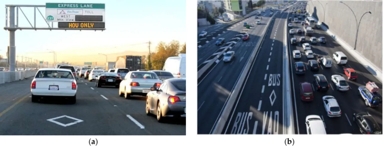 Figure 2. Dynamic versus static high-occupancy-vehicle (HOV) lanes: (a) adjacent HOV lane (Photo  source:  Nexobus);  (b)  segregated  HOV  lane  (Photo  source:  Santa  Clara  Valley  Transportation  Authority, San Jose, CA, USA)