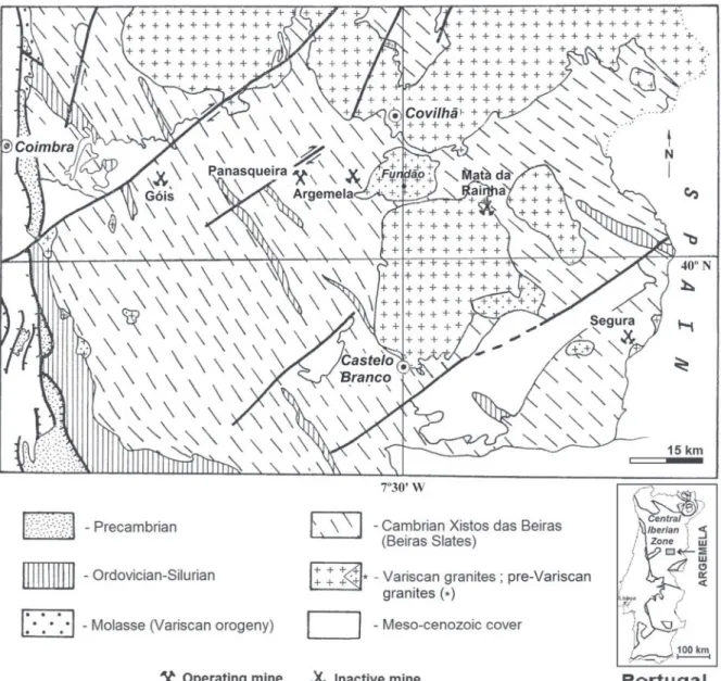 Fig. 1. Regional geology; inset with location of Argemela deposit in Portugal and within the Central Iberian  Zone among the geotectonic zones  (modiﬁed from INVERNO and RIBEIRO, 1980).