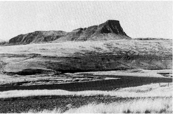 Fig. 9. Remnant ofsummit surface cut inJurassic basalt, overlying sandstone, southern Drakensberg, South Africa.
