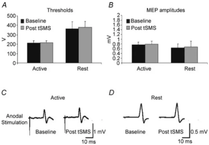 Figure 8. Experiment 4. Effects of tSMS on  MEP amplitude evoked by transcranial  electrical stimulation (TES) 