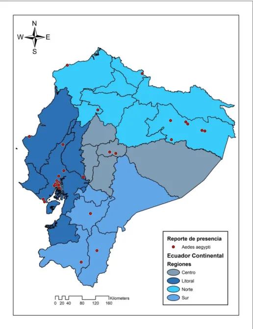 Ilustración 2. Registro de presencia de Aedes aegypti en Ecuador continental. 