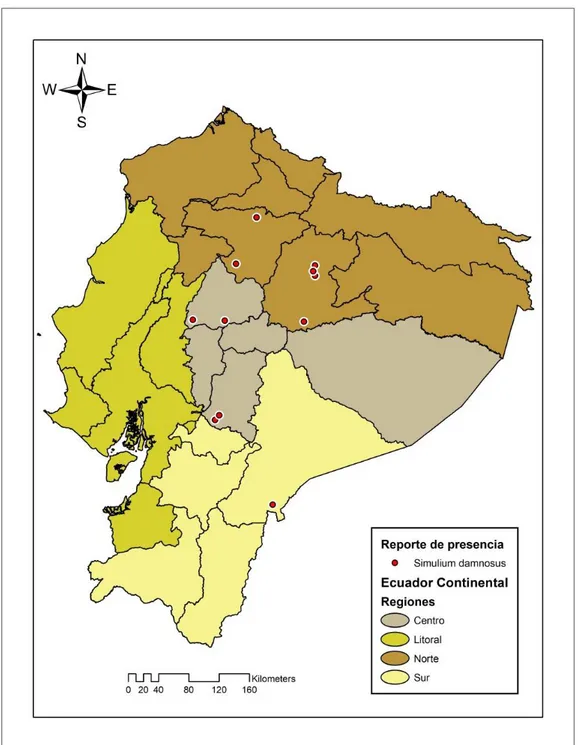 Ilustración 5. Registro de presencia de Simulium damnosus en Ecuador continental. 