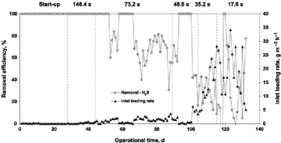 Figure 8 Removal efficiency profile of hydrogen sulphide in the BF. 