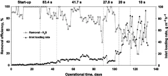 Figure 3 Removal efficiency profile of hydrogen sulphide in the BTF. 
