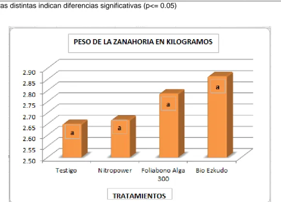 Cuadro 12.  Peso en kilogramos  en  comportamiento agronómico del cultivo de  zanahoria  (Daucus  carota  l.)  con  Bio  Ezkudo,  Nitropower  y  Foliabono Alga 300