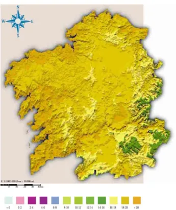 Figura 12. Temperatura media anual en Galicia (Martínez Cortizas et al., 1999). 