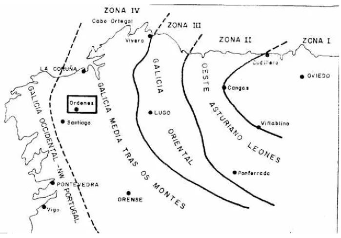Fig. 5.1. Zonas paleogeográficas del Noroeste de la Península Ibérica, según Matte, Ph