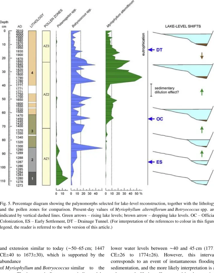 Fig. 5. Percentage diagram showing the palynomorphs selected for lake-level reconstruction, together with the lithology  and  the  pollen  zones  for  comparison