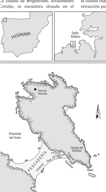 Fig. 1. Mapa de A Coruña  en su aspecto aproximado de  los primeros siglos de nuestra  Era, donde se muestra la  ubicación de las tumbas de las  que proceden los esqueletos  estudiados y otros lugares  mencionados en el texto.